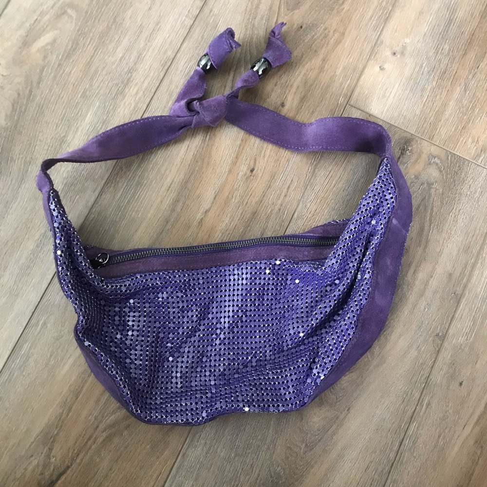 Purple disco mesh handbag with suede strap